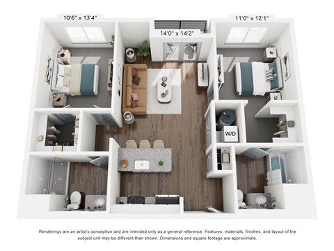Floor plan for 2 beds, 2 baths, 995 sqft